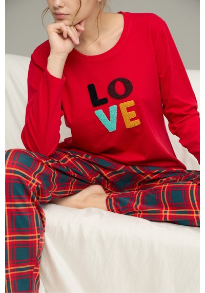 Siyah İnci Pamuklu Bisiklet Yaka Örme Pijama Takım25241124 Kırmızı