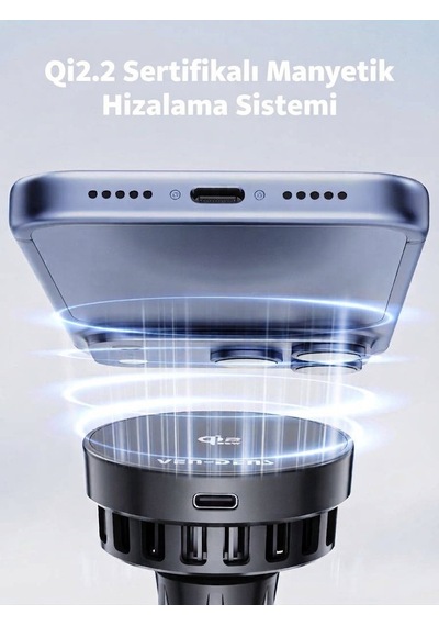 Ven-dens Vd-wlc031 Qi2 25 W Manyetik Kablosuz Şarjlı Araç Telefon Tutucu, Magsafe Uyumlu, Soğutma Fanlı, 360 Döner, Siyah