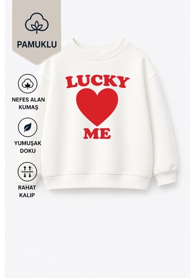 Monila Unisex Çocuk Kalp Baskılı 3 İplik Kumaş Pamuklu Sweatshirt Ekru