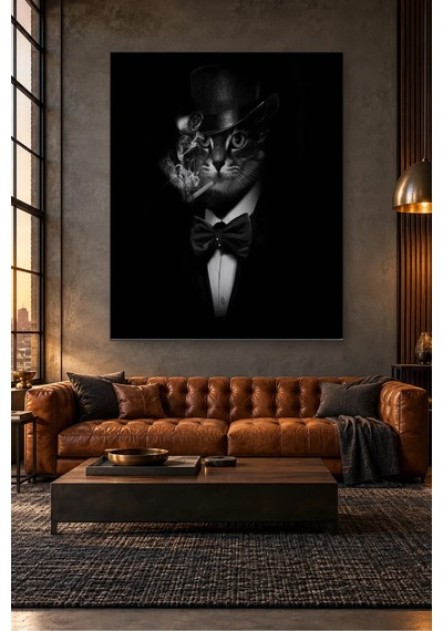 Fida Silindir Şapkalı Puro İçen Papyonlu Kedi Canvas Tablo Çok Renkli