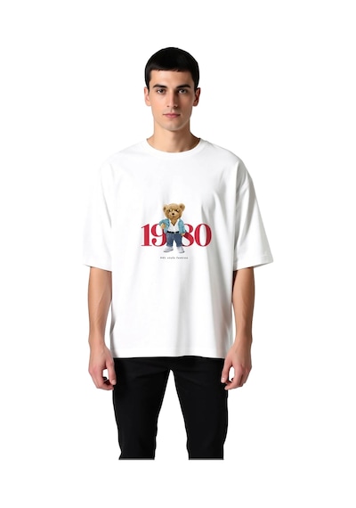 Paybuy Erkek Oversize Tişört %100 Pamuk Retro Grafik Baskılı Ayı Desenli Beyaz