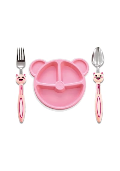 Baby 3 Parça Tavşan Figürlü Çocuk Çatal Kaşık Ve Mama Tabağı Seti Pembe