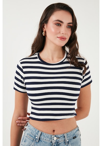 Lela Slim Fit Bisiklet Yaka Çizgili Crop Bayan T Shirt 5866110 Lacivert