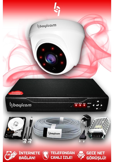 Bayicam 1 Kameralı Dome 1 İç Kamera Set 320 GB HDD Full HD Gece Görüşlü Güvenlik Kamerası Sistemi