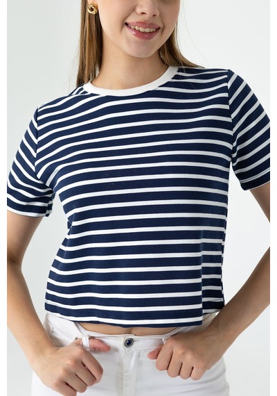 Giysa Kadın Bisiklet Yaka Kısa Kollu Çizgili Sweatshirt Lacivert - Ms0001301 Lacivert