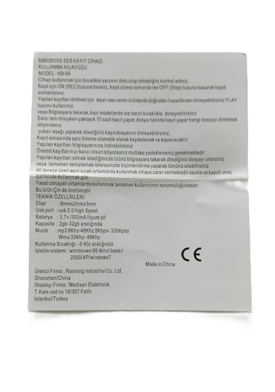 KB-65 Mp3 Çalar Ses Kayıt Cihazı 32GB 400 Saat kayıt PİLLE ÇALIŞIR 8x3x1cm