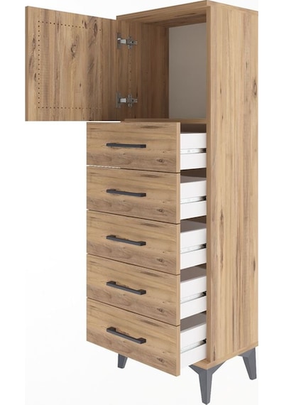 Arges Dolap Tek Raflı 5 Çekmeceli Tek Kapaklı 44x30x134 Çam-çam Çam