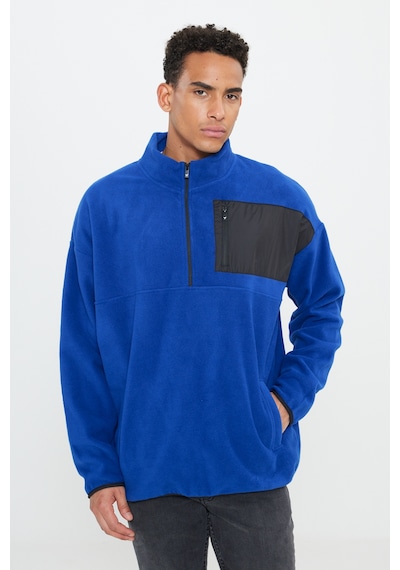 AC&Co / Altınyıldız Classics Erkek Saks Oversize Bol Kesim Bato Yaka Cep Detaylı Fermuarlı Soğuk Geçirmez Polar Sweatshirt Saks Mavi
