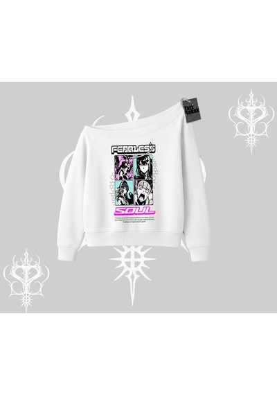 Startmore Kayık Yaka Sweatshirt Fearless Soul Anime Kolaj Baskılı Beyaz
