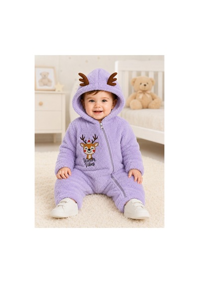 Tatlı Geyik Nakışlı Welsoft Peluş Kapüşonlu Fermuarlı Kışlık Unisex Bebek Tulumu 40212 Lila