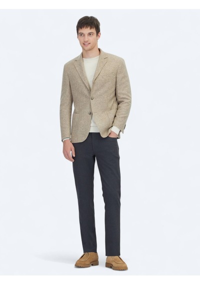 Kip Bej Desenli Modern Fit Yün Karışımlı Örme Ceket Bej