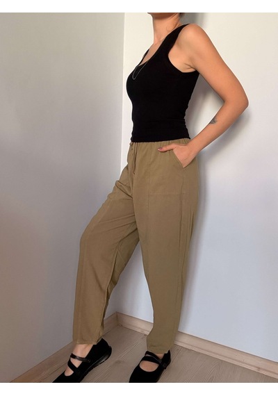 Haki Havuç Kesim Keten Pantolon Olive