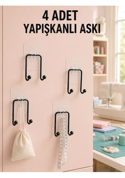 4 Adet Çok Amaçlı Yapışkanlı Askılık Ev Düzenleyici Duvar Askı Seti Renkli