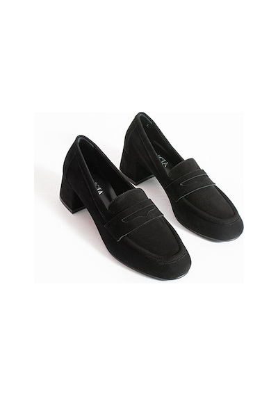 Dericia Shoes Shimmer Hakiki Deri Süet Kadın Kalın Topuklu Ayakkabı Siyah