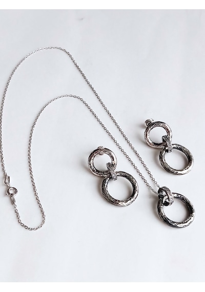Gümüş Vintage Tasarım Asma Halka Kolye Küpe Kadın Set Yeni Yıl Yı