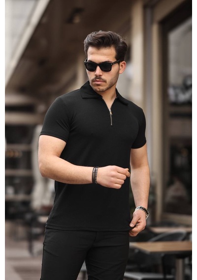 Eg38 Yarım Fermuar Polo Yaka Tşört Siyah