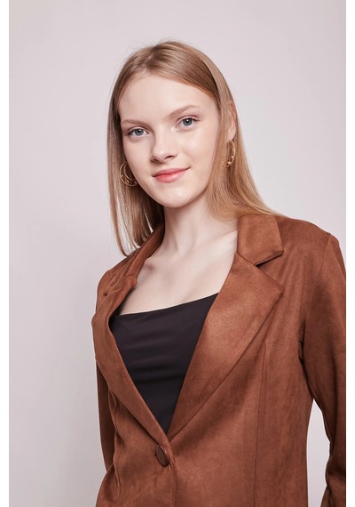 Süet Kumaş Cep Detaylı Düğmeli Şık Blazer Ceket-taba Taba