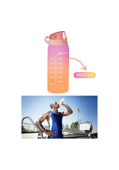 Flosoft 1 Litre Çift Renk Suluk, Okul Ve Sporcu Matarası, Motivasyonel Su Şişesi 1000Ml Turuncu