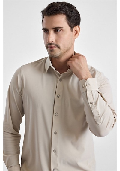 Süvari Ekru Slim Klasik Yaka Düz Casual Gömlek Gm1008400364-bj1