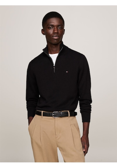 Tommy Hilfiger Pıma Org Ctn Cashmere Zıp Mock Erkek Siyah Kazak - Mw0mw28049 Siyah