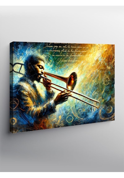 Kanvas Tablo Mavi Trombon Çalan Müzisyen
