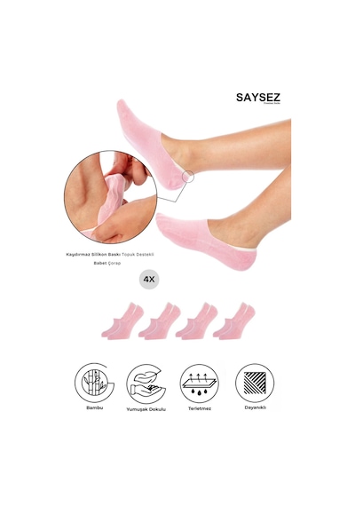 Saysez Bambu Kadın Babet Pembe Çorap Dikişsiz Görünmez Kaydırmaz Topuk Silikonlu Premium 4'lü Paket Pembe