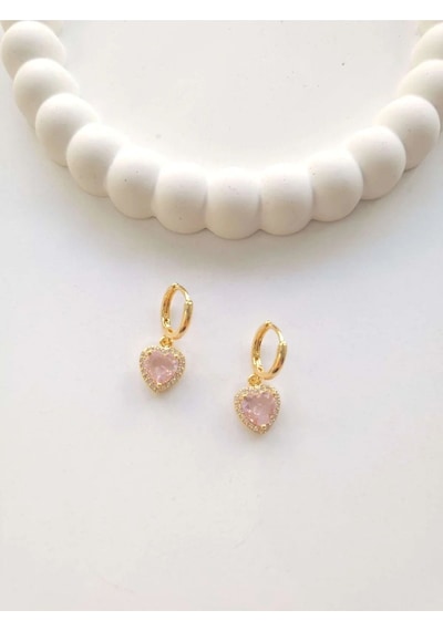 Çelik Gold Pembe Kalpli Küpe Sevgiliye Hediye Altın