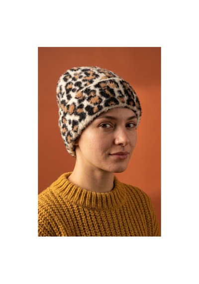 Emybox Desenli Shaggy İplik Yumuşak Dokulu Peluş Kadın Bere - Kışlık Soft Ekru Siyah Leopar