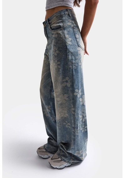 Kadın Mavi Baggy Fit T12t Özel Desenli Kumaş Parlak Taşlı Tasarım Denim Jean