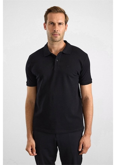 Süvari Siyah Regular Düz Baskısız Pike Düğmeli Polo Yaka Tişört Ts1014000471-s09