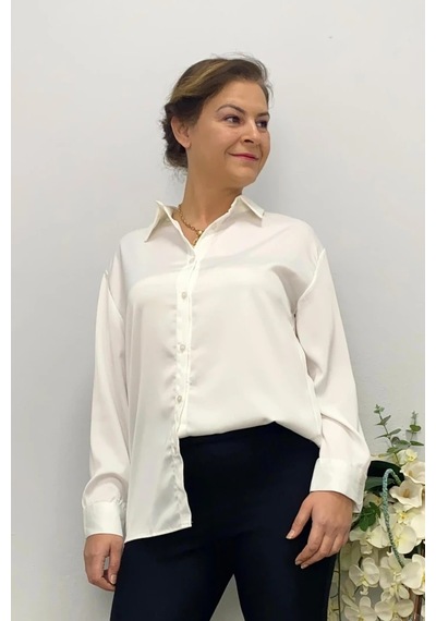 Mia Butik Kadın Beyaz Saten Gömlek Beyaz