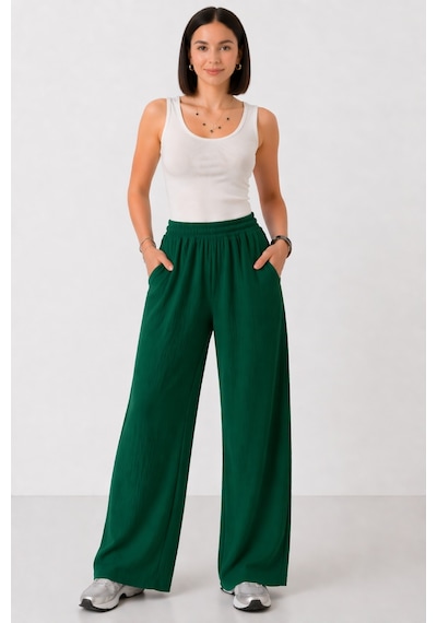 Trend Alisse Beli Lastikli Cepli Bol Paça Kadın Pantolon Haki