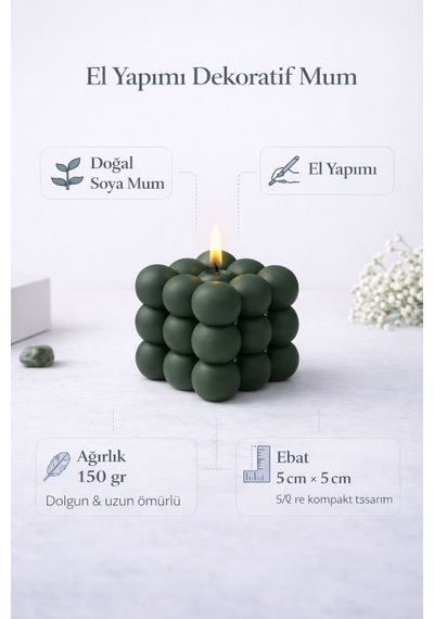 Dekoratif Lüks Soya Mum, El Yapımı Doğal Mum Uzun Yanma Süreli Şık Ev Hediyesi, Ev Süsü Yeşil 140 G Yeşil