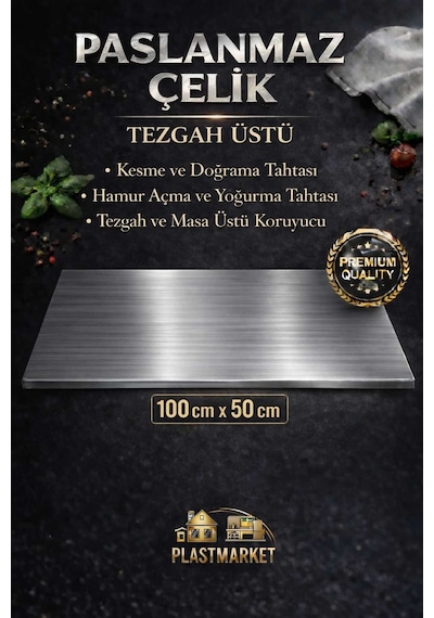 Paslanmaz Çelik Tezgah Üstü Kesme Tahtası - Hamur Açma Tahtası, Tezgah Üstü Koruyucu, 100x50 Cm Gümüş