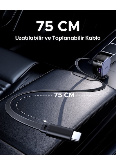 Ugreen 75w 2 Portlu Usb-c Kablolu Araç İçi Şarj Cihazı Çakmaklık Adaptörü, 55653