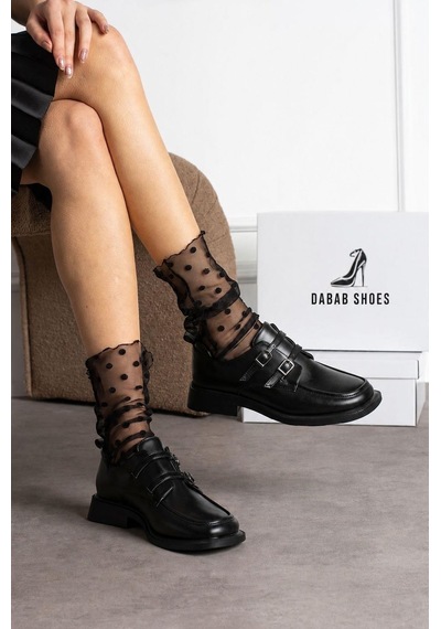 Dabab Shoes Elvan Kadın Siyah Cilt Küt Burun Çift Toka Detaylı Kalın Taban Loafer Ayakkabı Siyah - Siyah