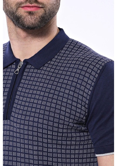 Yake Store Polo Yaka Lacivert Desenli Fermuarlı Örme T-shirt Wessi - Koyu Mavi siyah