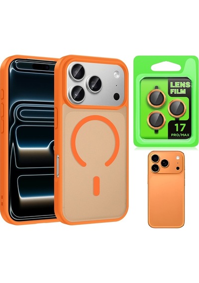 Vendas Apple iPhone Uyumlu  17 Pro Kılıf M-safe Şarj Özellikli Zore Babet Kapak + Kamera Lens Koruyucu Turuncu