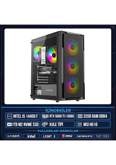 Xaser LIGHT X90 i5-14400F 32 GB 1 TB M.2 NVMe SSD 16 GB RTX5060 Ti Free Dos Masaüstü Oyuncu Bilgisayarı