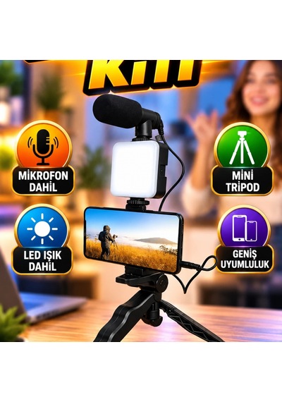 Mini Tripodlu Telefon Tutucu Vlog Çekim Kiti Mikrofonlu Ve Led Işıklı