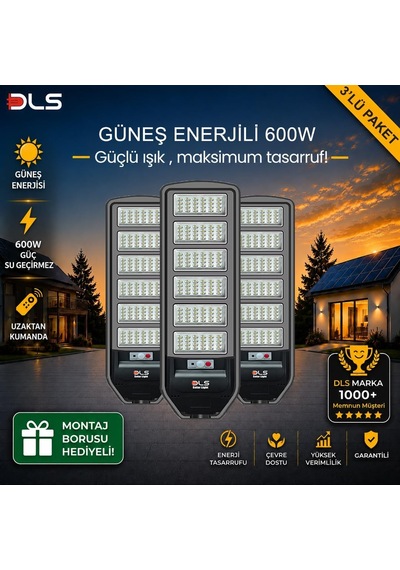 3'lü Paket Dls 600w Güneş Enerjili Solar Sokak Ve Bahçe Lambası, Lifepo4 Bataryalı, Ip66, Hareket Sensörlü, Uzak