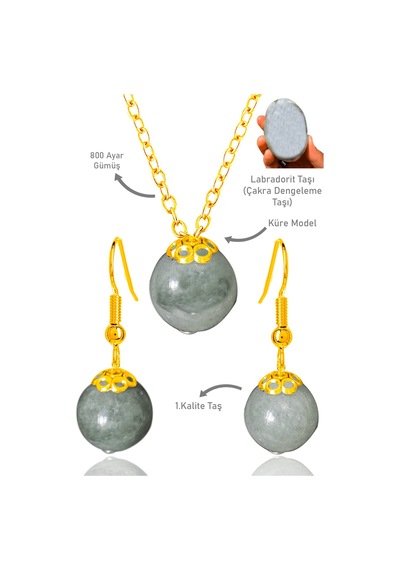 Sertifikalı Gold Küre Model Labradorit Taşı Kolye Ve Küpe Seti - Çok Renkli