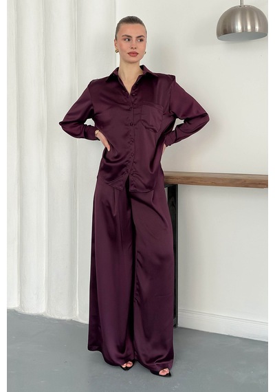 Verymoda Yüksek Bel Bol Paça Saten Pantolon Şık Ve Rahat Tasarım F2052 Mürdüm