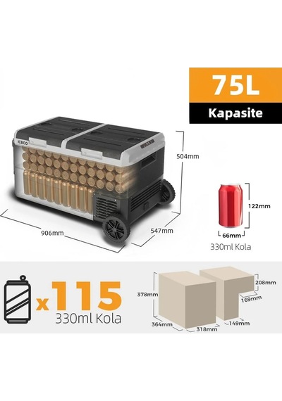 Iceco Mcd75d 12/24volt 75 Litre Kompresörlü Çift Bölmeli Tekerlekli Oto Buzdolabı/dondurucu