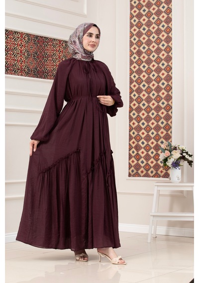 Sevitli Eteği Büzgü Detaylı Mira Tesettür Elbise-mürdüm-5735