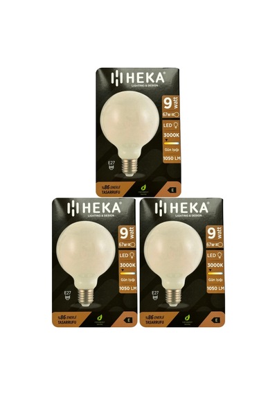 3 Adet Heka 9w 67w 3000k Sarı Işık E27 Duylu Kalın Duy Led Glop G95 Ampul Heka