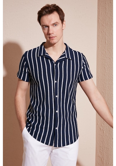 Buratti Çizgili Pamuk Karışımlı Kısa Kollu Apaş Yaka Regular Fit Erkek Gömlek Cf24S117664 Lacivert