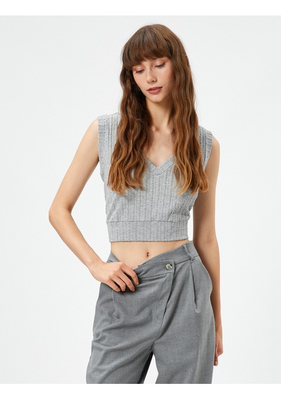 Koton Crop V Yaka Atlet Gri 3sak10254ek Gri