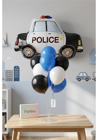 Polis Arabası Balon Stand Seti Şeffaf 7 Li Stand + Polis Arabası Folyo Balon 76 59 Cm + 7 Lateks Balon