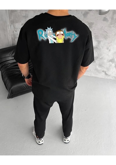 Erkek Kısa Kol Tişört Bisiklet Yaka Rick And Morty Baskılı T-shirt - Siyah